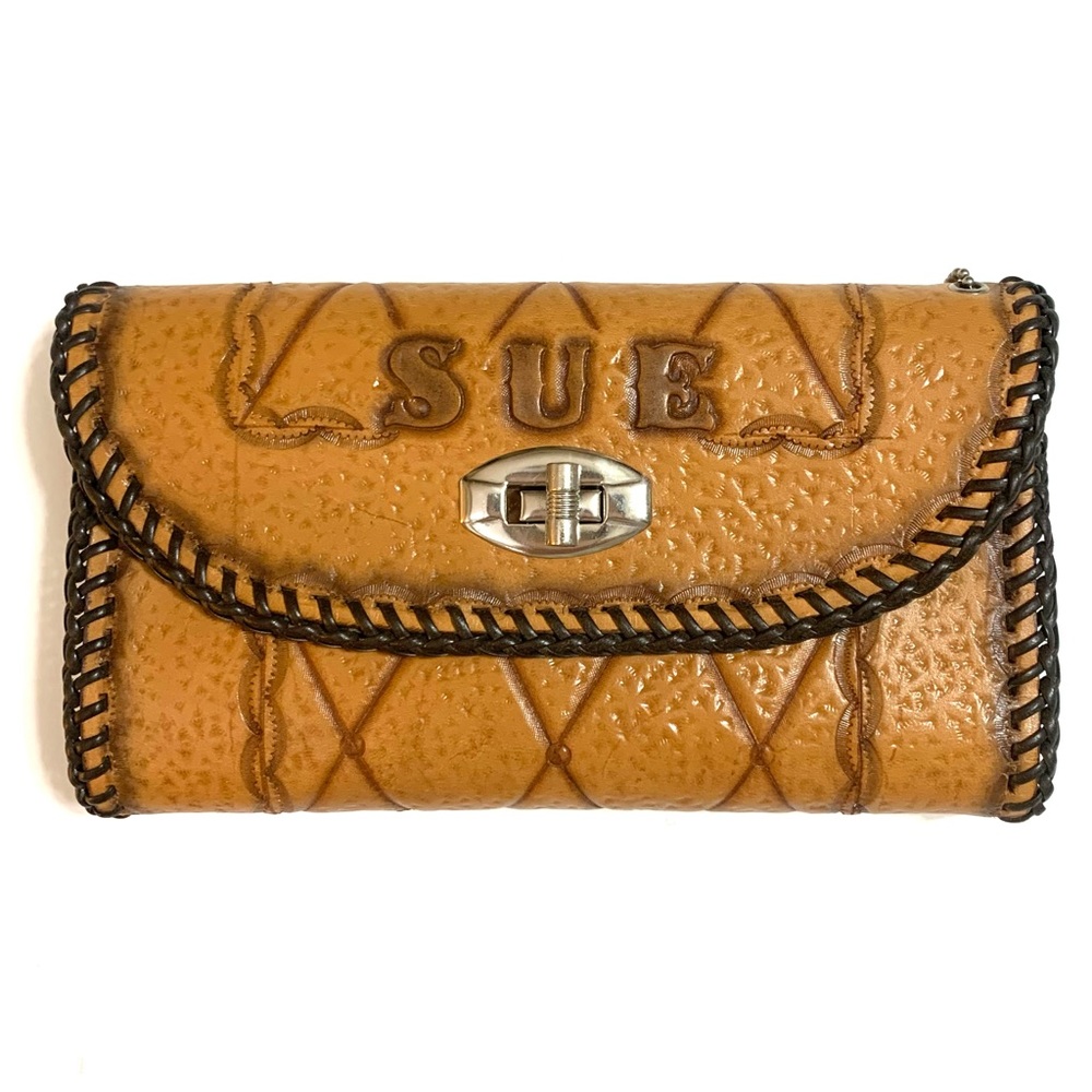 SHOP CLOSING! Vintage 70s Handcrafted Tooled Leather Clutch Wallet SUE NWOT